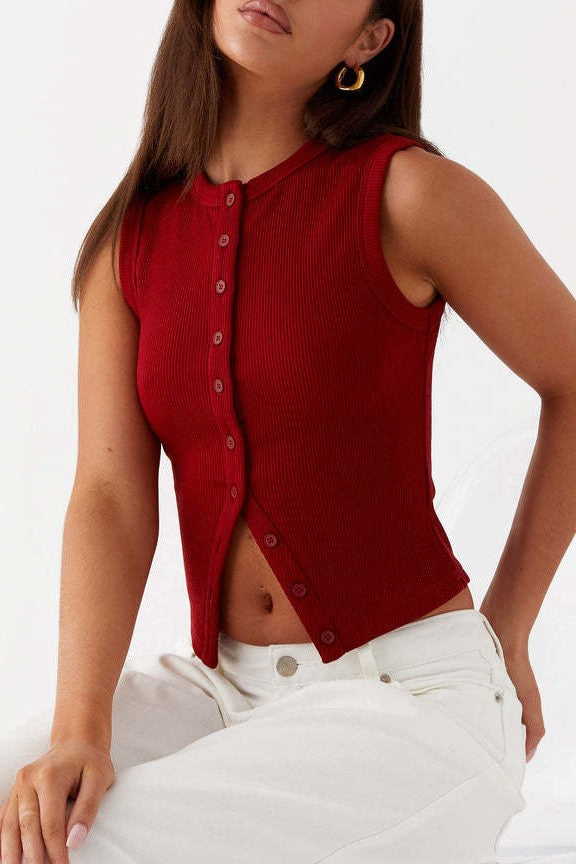 Ribbed Button Front Sleeveless Vest Top - Burgundy - 1