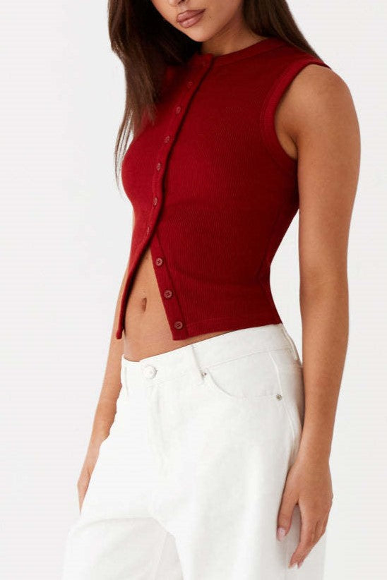 Ribbed Button Front Sleeveless Vest Top - Burgundy - 2