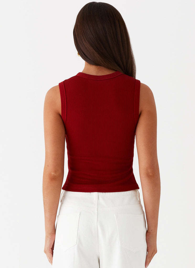 Ribbed Button Front Sleeveless Vest Top - Burgundy - 3