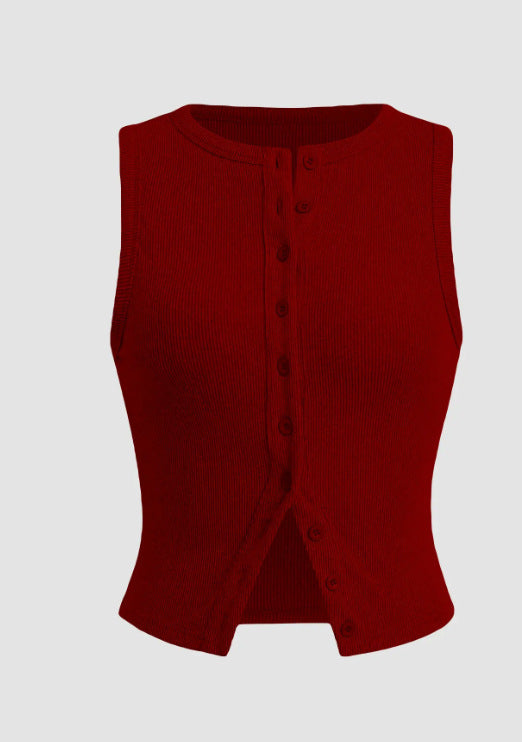 Ribbed Button Front Sleeveless Vest Top - Burgundy - 4