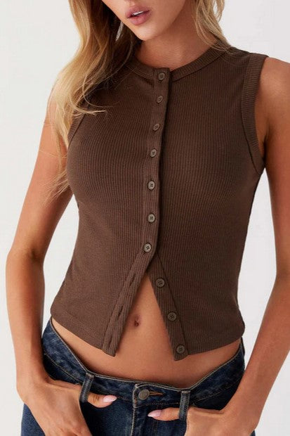 Ribbed Button Front Sleeveless Vest Top - Coffee