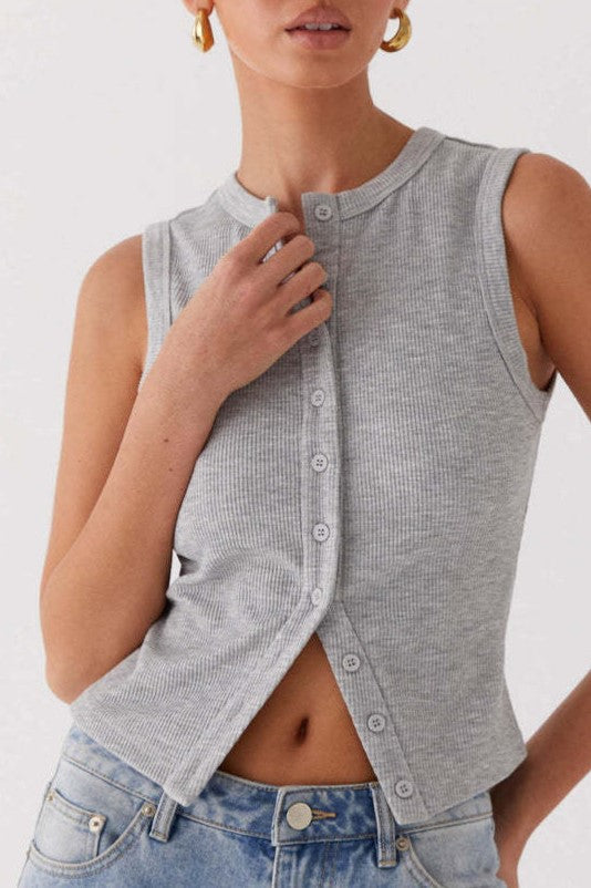Ribbed Button Front Sleeveless Vest Top - Grey