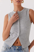 Ribbed Button Front Sleeveless Vest Top - Grey