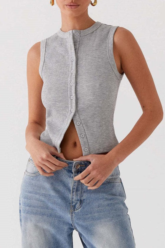 Ribbed Button Front Sleeveless Vest Top - Grey - 2