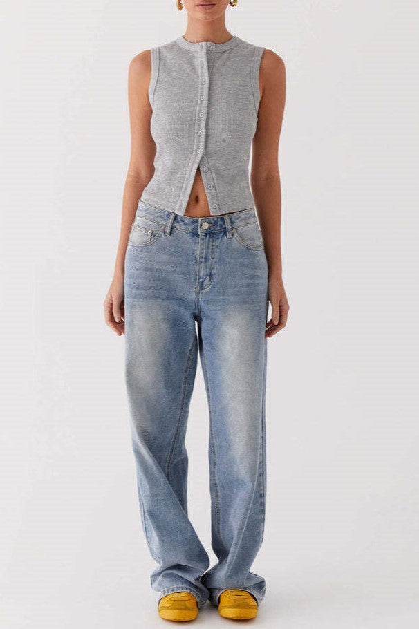 Ribbed Button Front Sleeveless Vest Top - Grey - 4