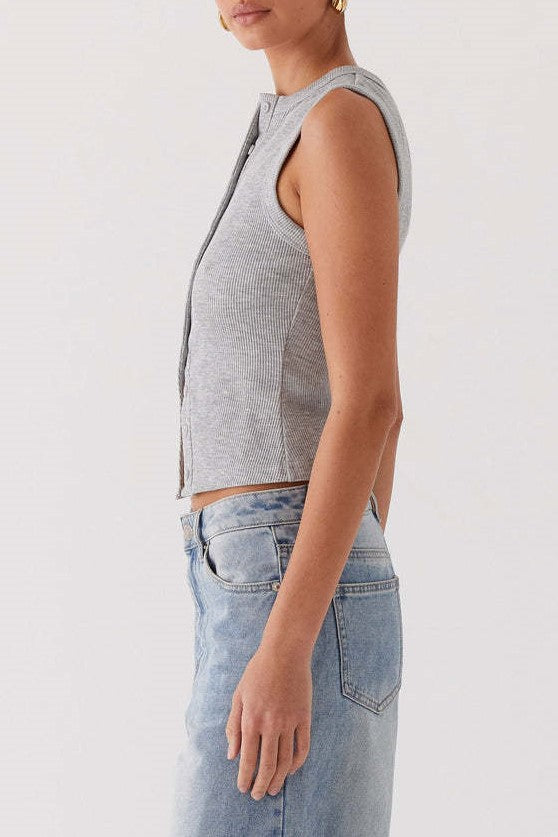 Ribbed Button Front Sleeveless Vest Top - Grey - 5