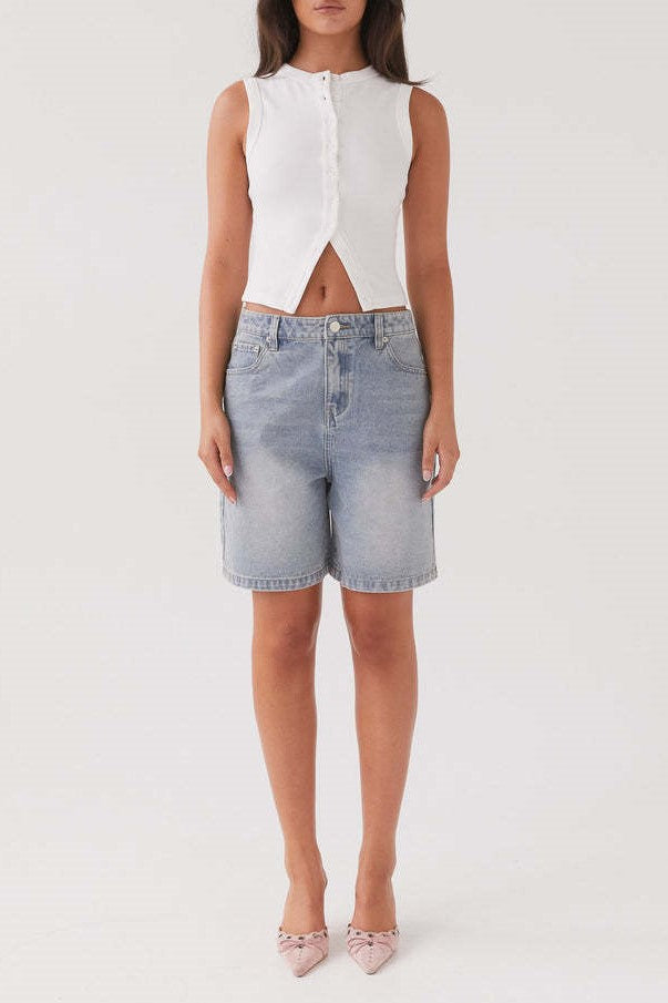 Ribbed Button Front Sleeveless Vest Top - White - 2