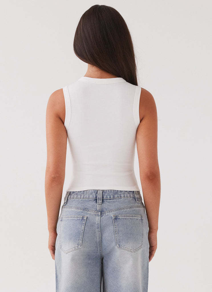 Ribbed Button Front Sleeveless Vest Top - White - 4