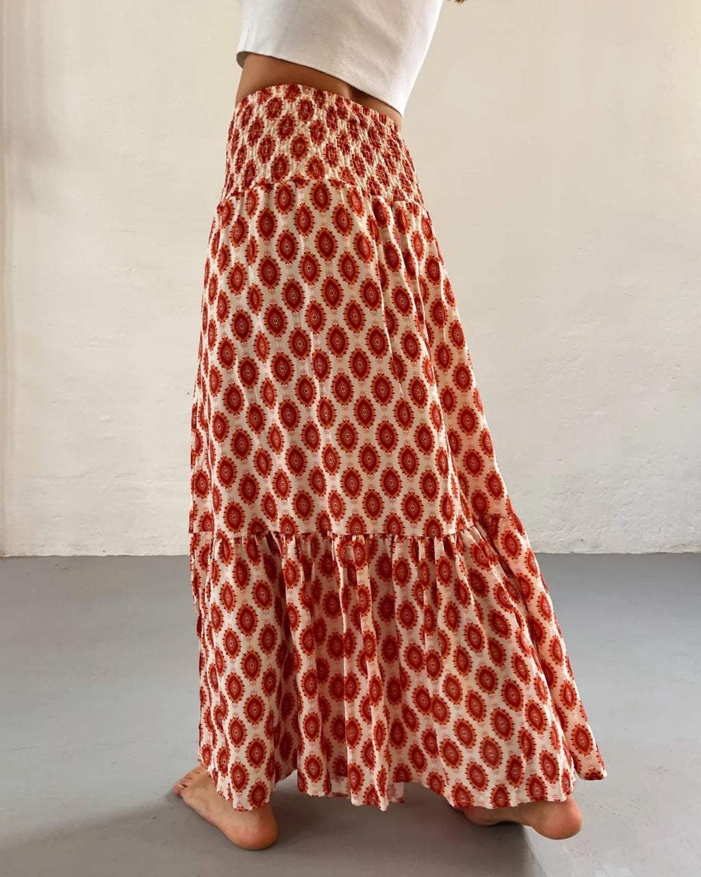 Boho Print Smocked Waist Tiered Maxi Skirt - OrangeCircle