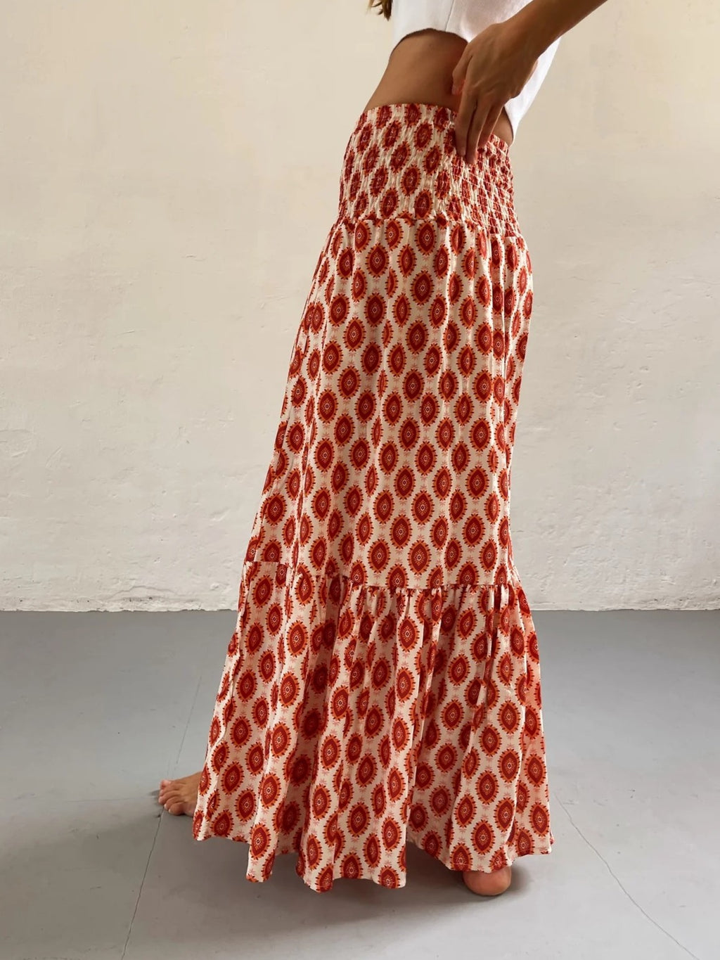 Boho Print Smocked Waist Tiered Maxi Skirt - OrangeCircle - 1