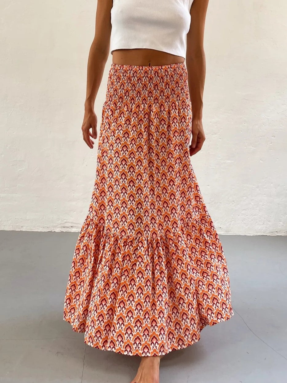Boho Print Smocked Waist Tiered Maxi Skirt - OrangeFlower