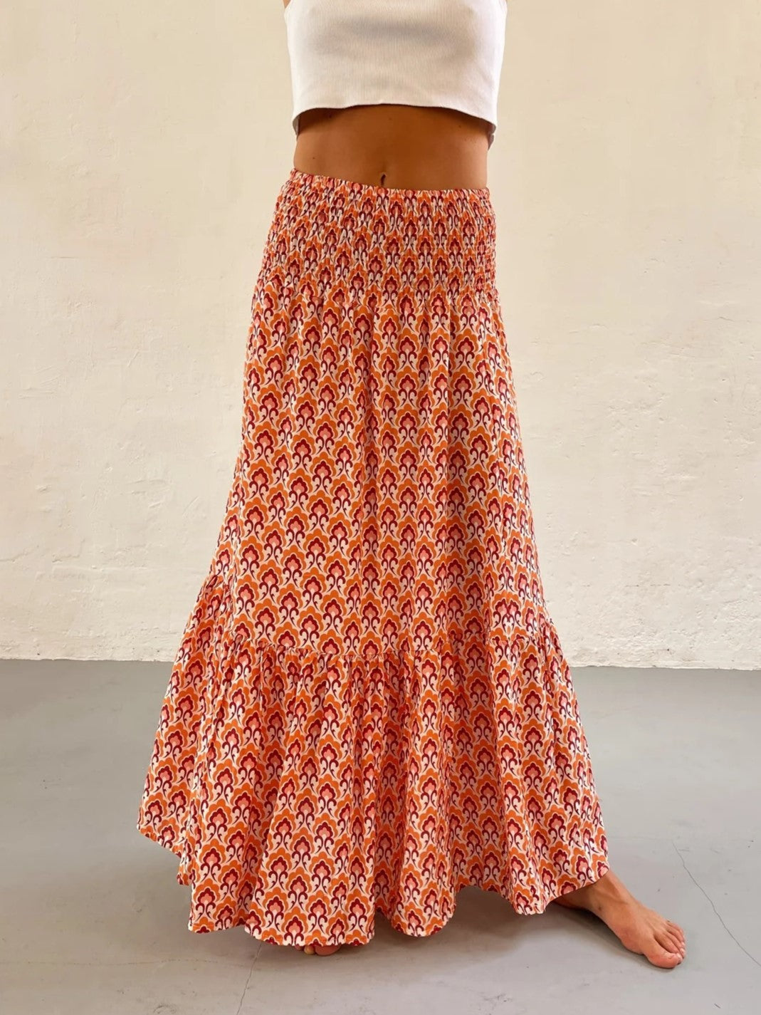 Boho Print Smocked Waist Tiered Maxi Skirt - OrangeFlower - 1