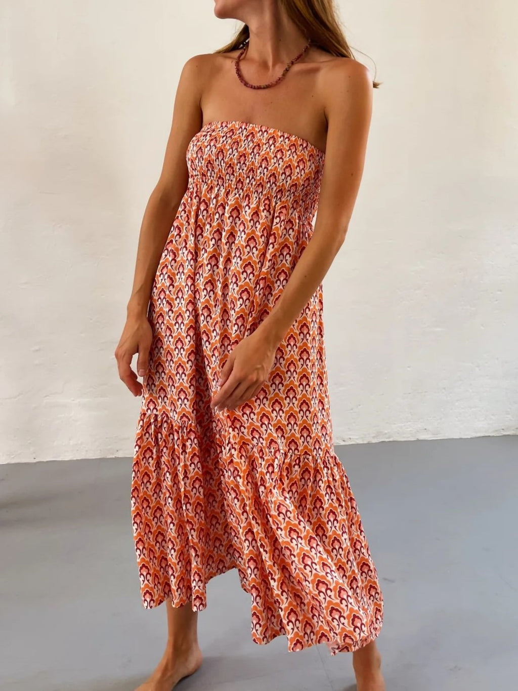 Boho Print Smocked Waist Tiered Maxi Skirt - OrangeFlower - 2