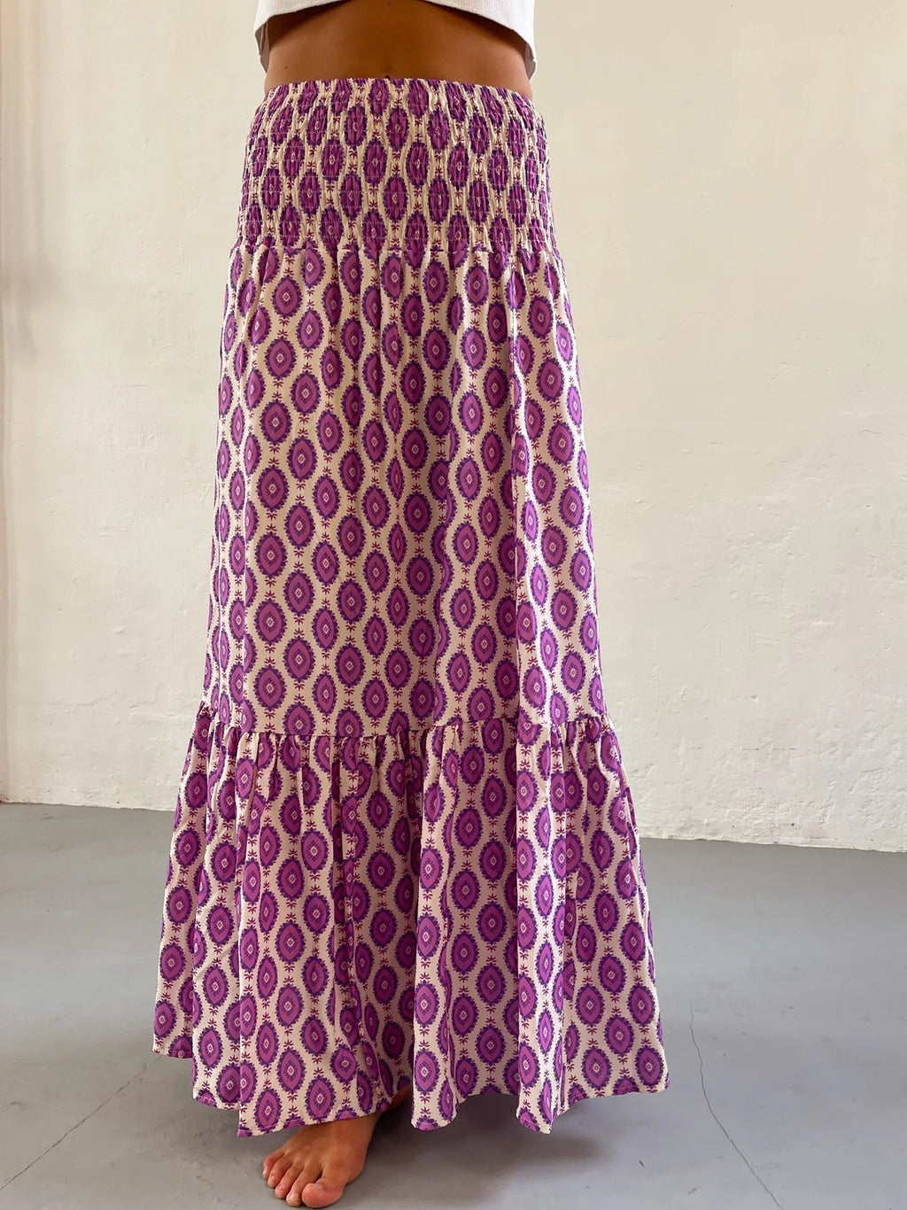 Boho Print Smocked Waist Tiered Maxi Skirt - PurpleCircle