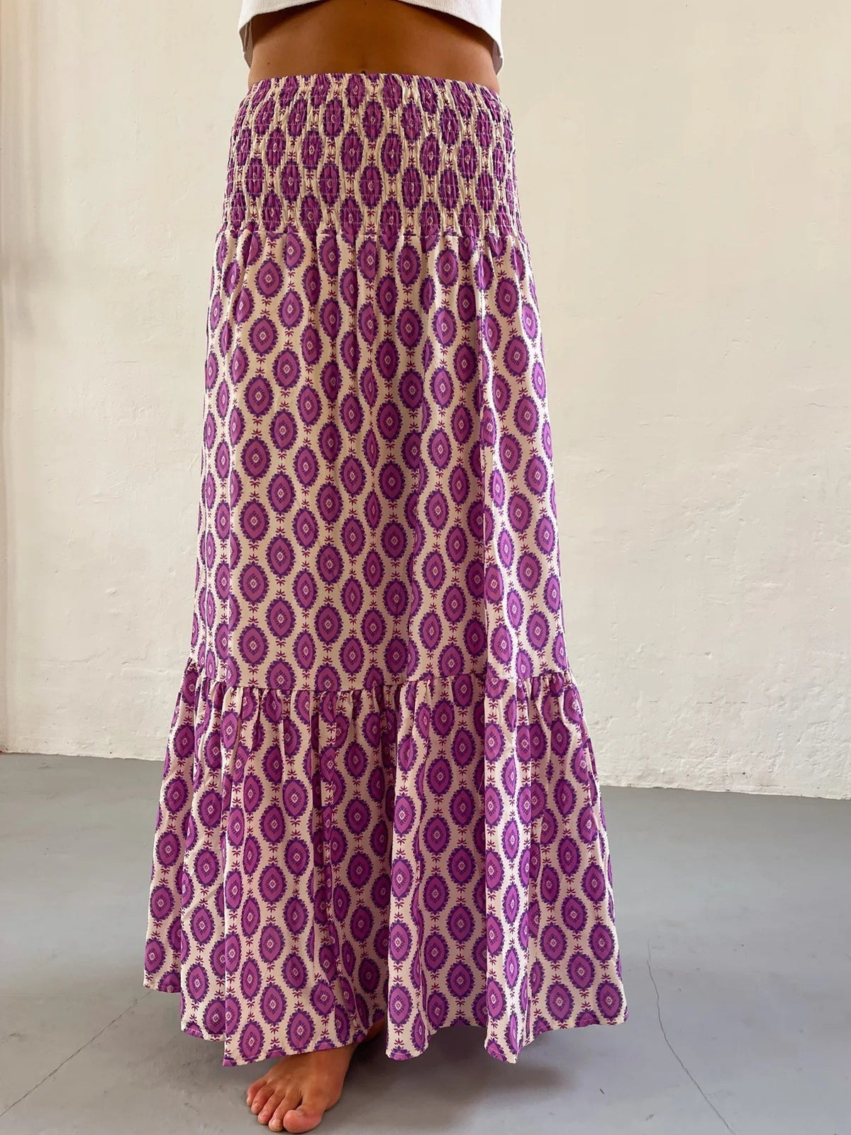 Boho Print Smocked Waist Tiered Maxi Skirt - PurpleCircle