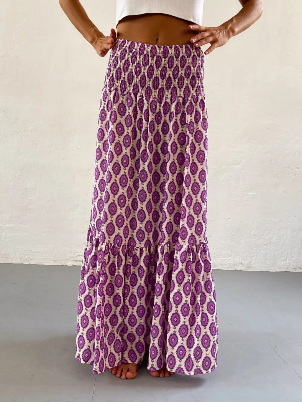 Boho Print Smocked Waist Tiered Maxi Skirt - PurpleCircle - 1