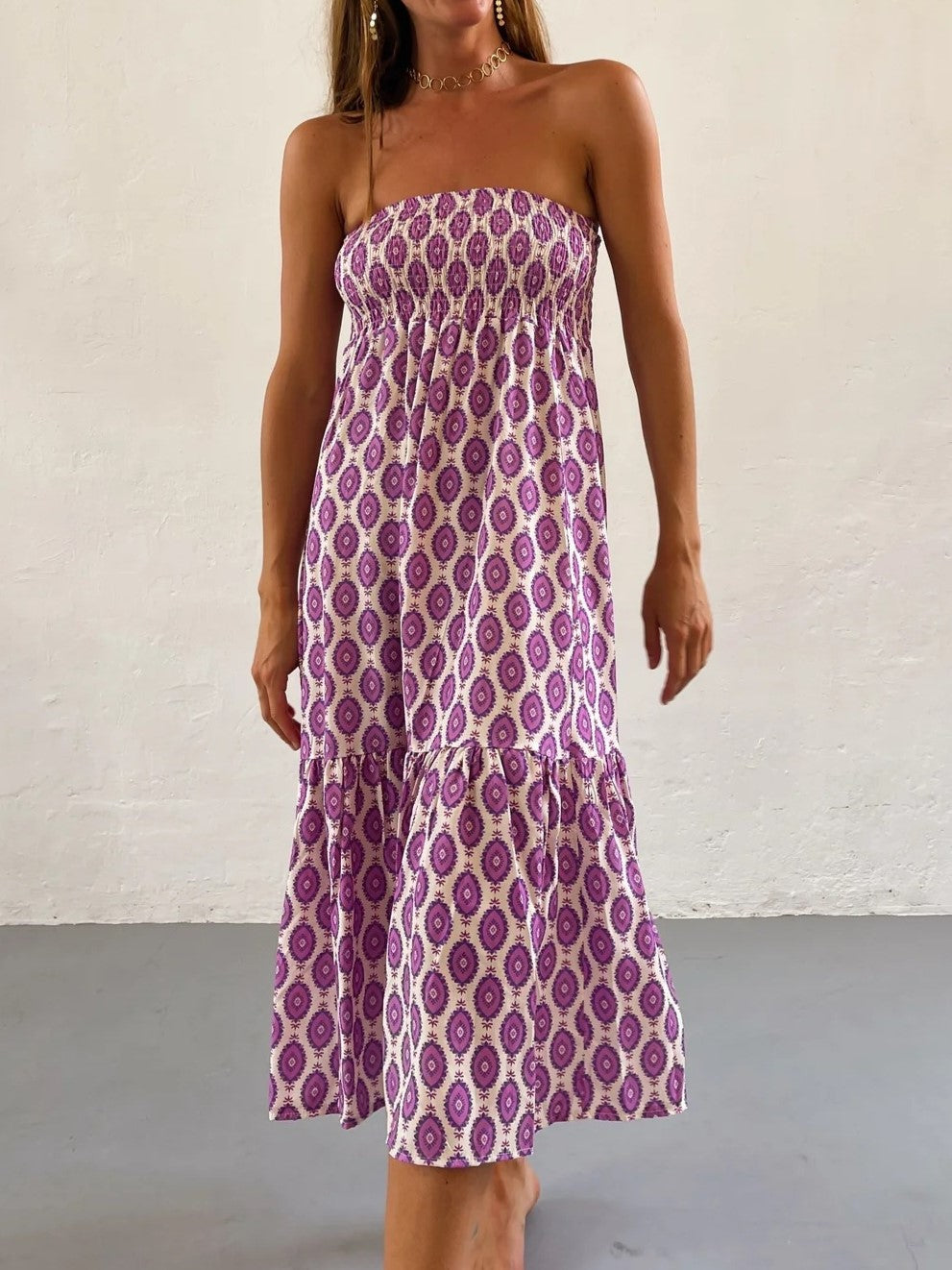 Boho Print Smocked Waist Tiered Maxi Skirt - PurpleCircle - 2