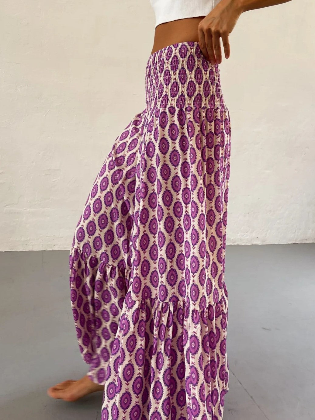 Boho Print Smocked Waist Tiered Maxi Skirt - PurpleCircle - 3