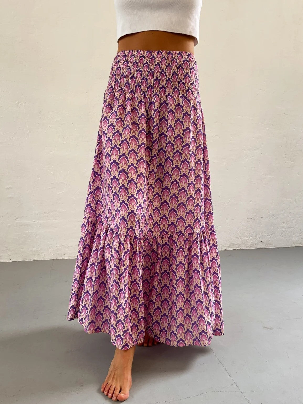 Boho Print Smocked Waist Tiered Maxi Skirt - PurpleFlower