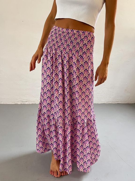Boho Print Smocked Waist Tiered Maxi Skirt