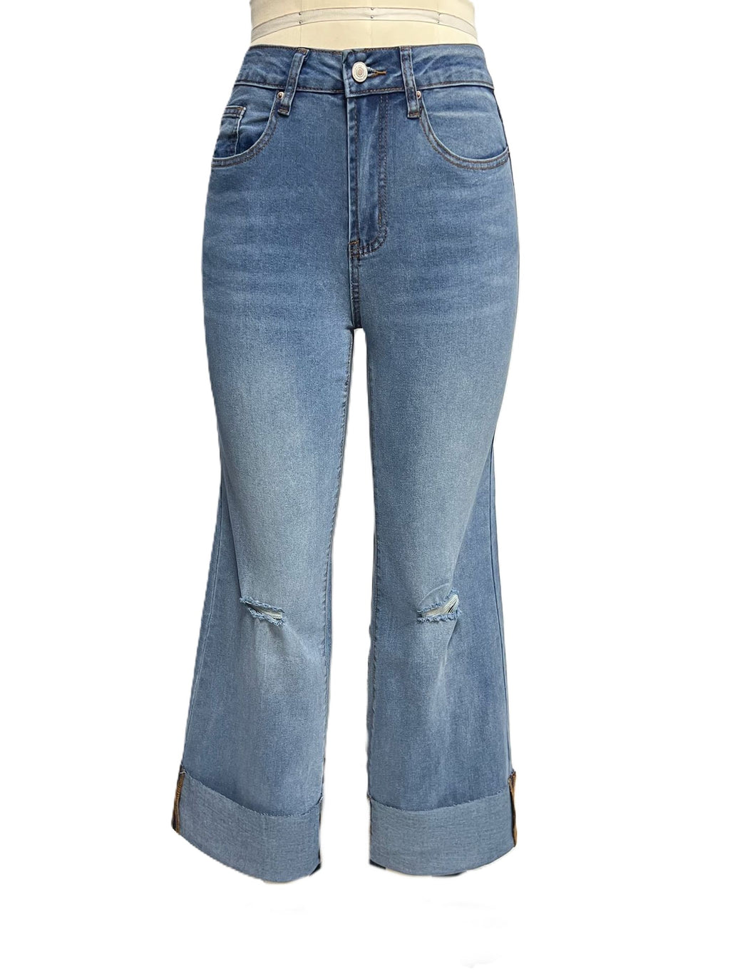Distressed Cuffed Hem Wide Leg Cropped Jeans - Blue