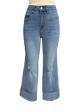 Distressed Cuffed Hem Wide Leg Cropped Jeans - Blue