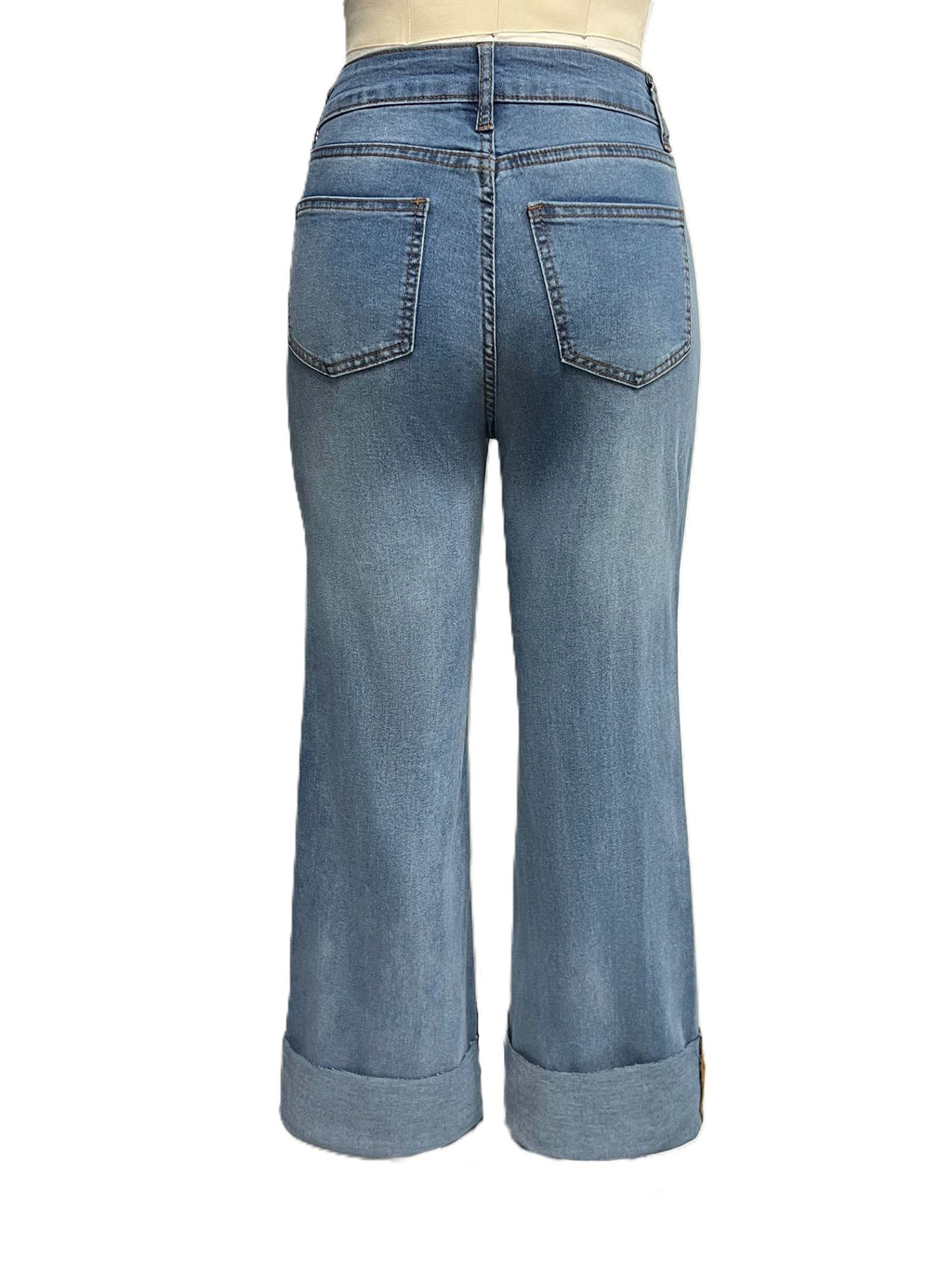 Distressed Cuffed Hem Wide Leg Cropped Jeans - Blue - 1