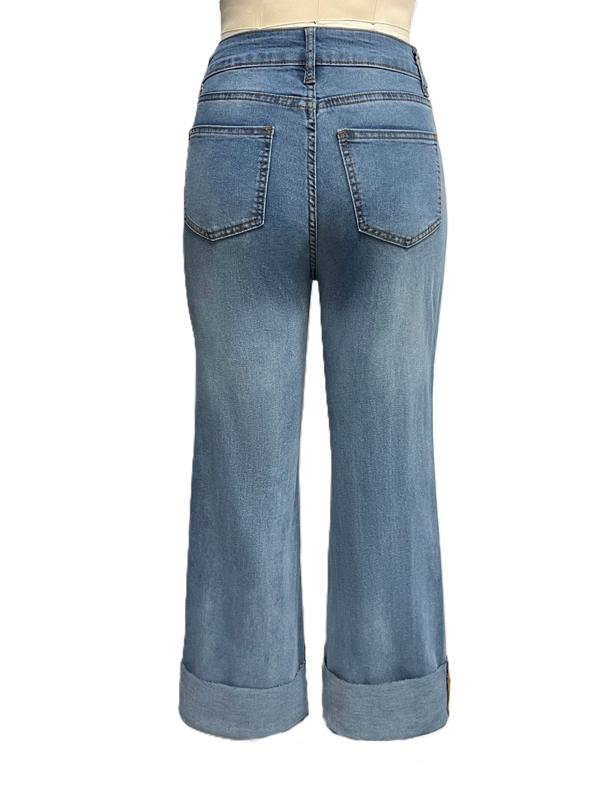 Distressed Cuffed Hem Wide Leg Cropped Jeans - Blue - 1