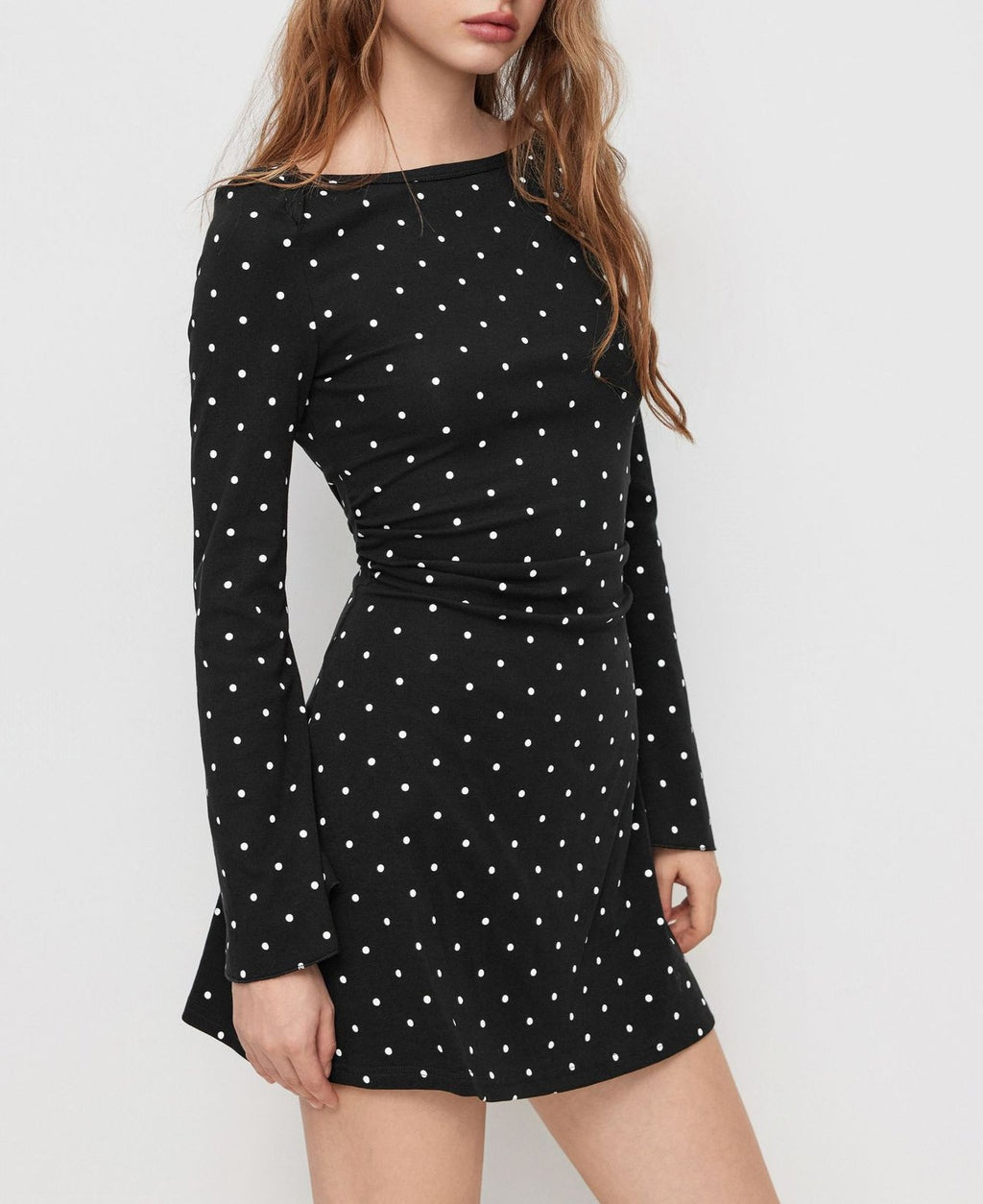 Polka Dot Mini Dress With Flared Sleeves - Black