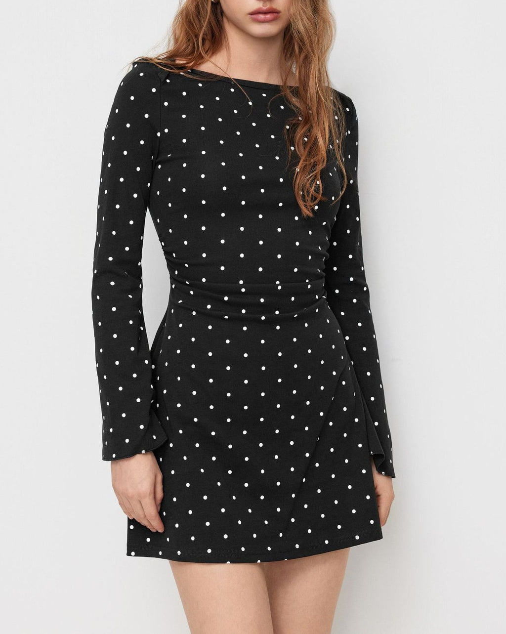 Polka Dot Mini Dress With Flared Sleeves - Black - 4