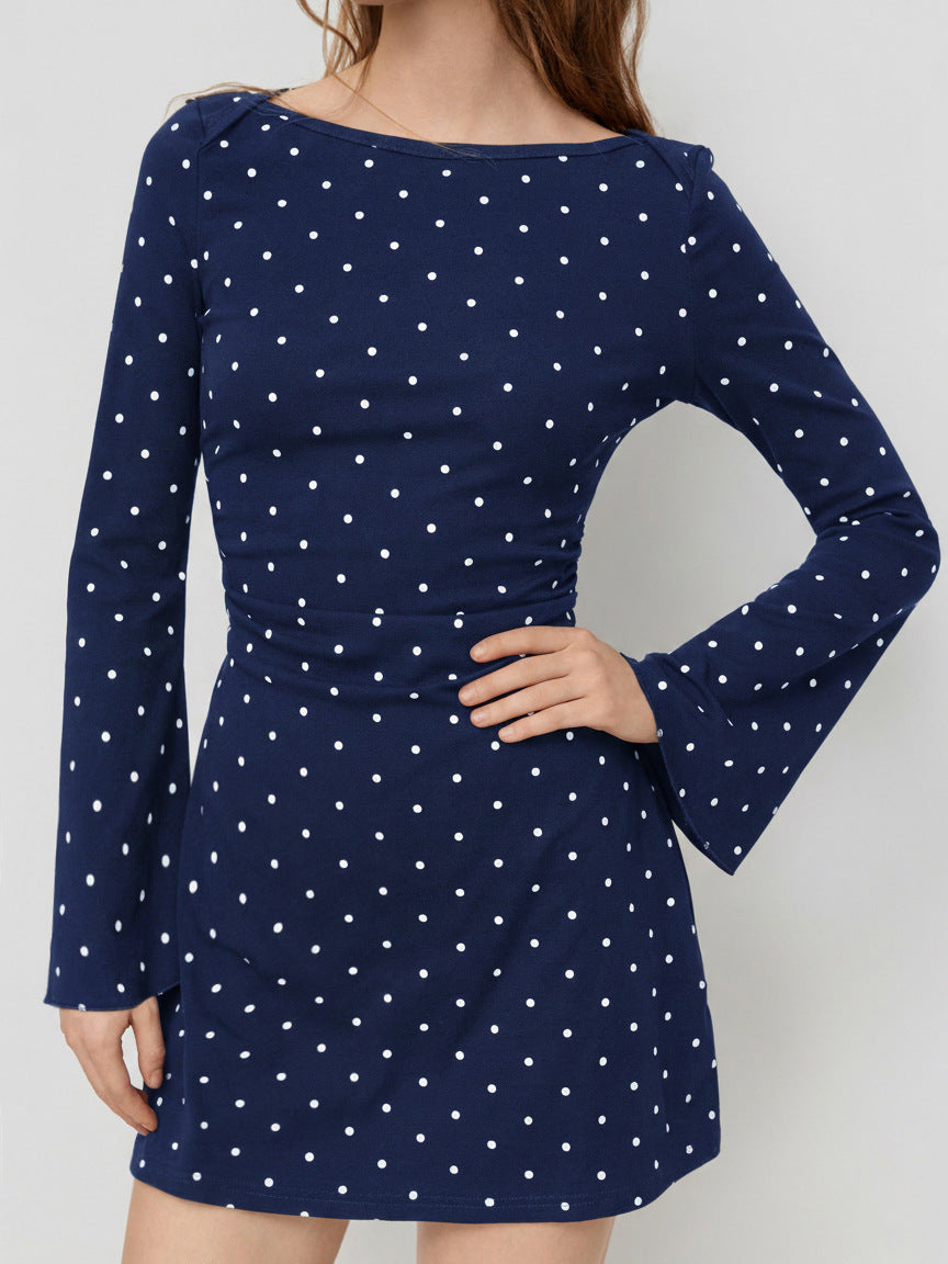 Polka Dot Mini Dress With Flared Sleeves - Blue