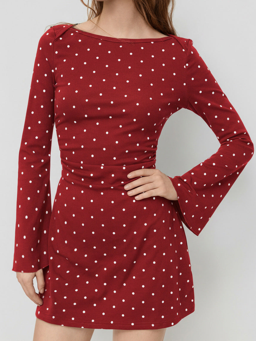 Polka Dot Mini Dress With Flared Sleeves - Red