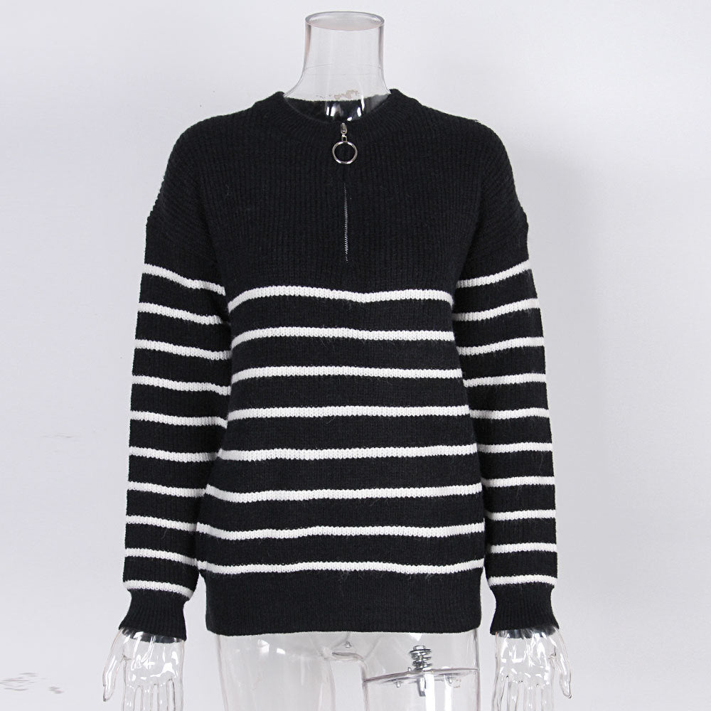Stripe Half Zip Ring Pull Knit Sweater - Black