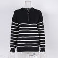 Stripe Half Zip Ring Pull Knit Sweater - Black