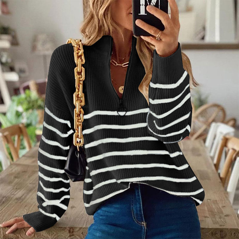 Stripe Half Zip Ring Pull Knit Sweater - Black - 1