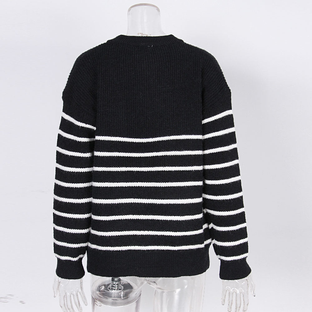 Stripe Half Zip Ring Pull Knit Sweater - Black - 2