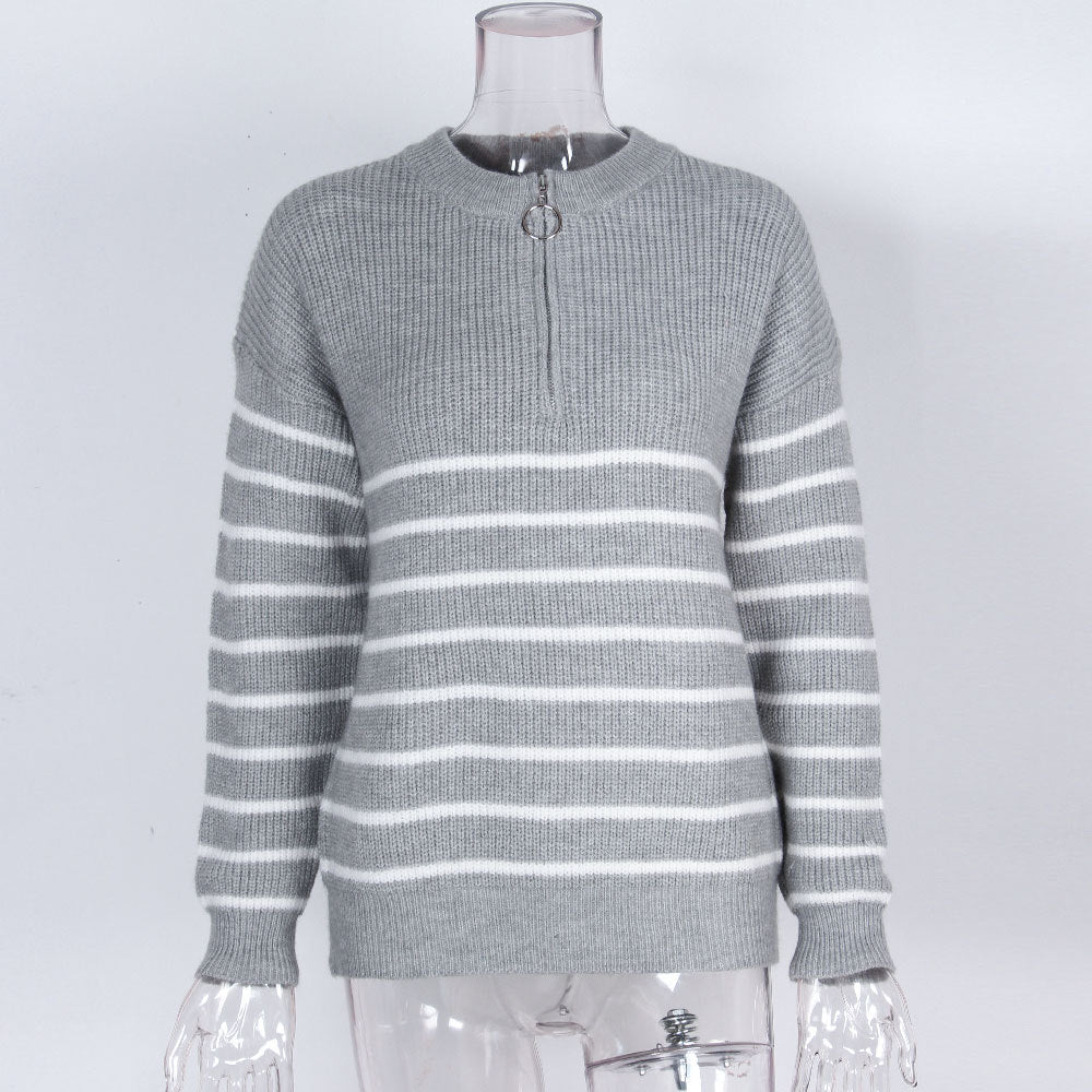 Stripe Half Zip Ring Pull Knit Sweater - Grey - 1