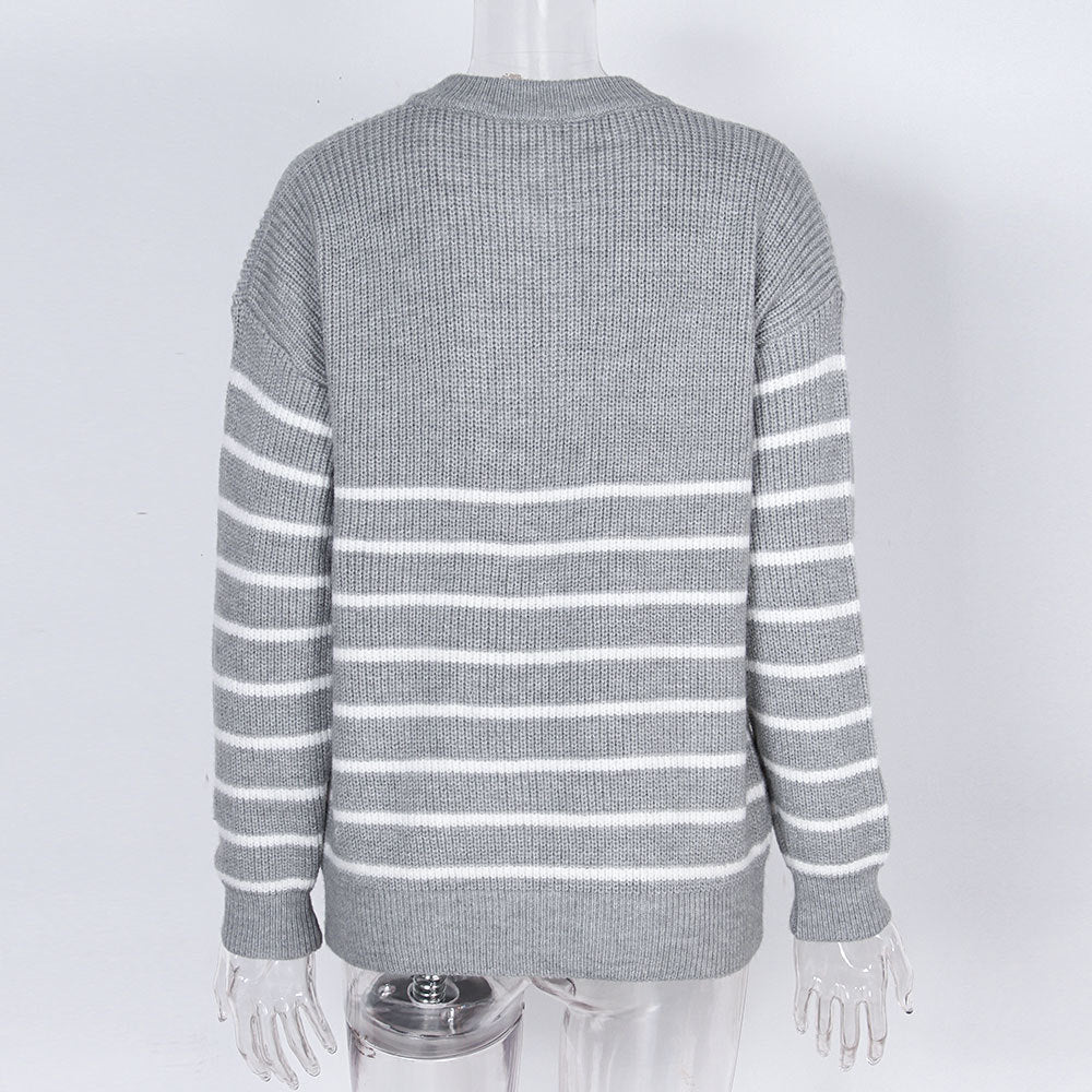 Stripe Half Zip Ring Pull Knit Sweater - Grey - 2