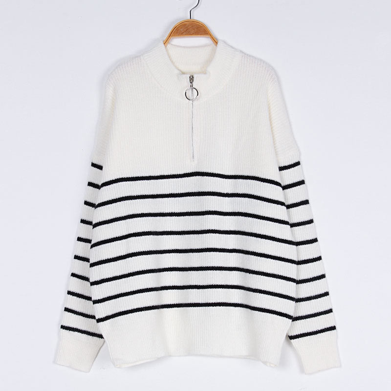 Stripe Half Zip Ring Pull Knit Sweater - Off white - 1