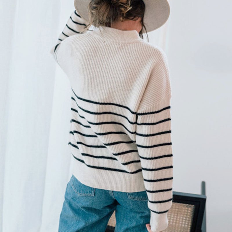 Stripe Half Zip Ring Pull Knit Sweater - Off white - 2