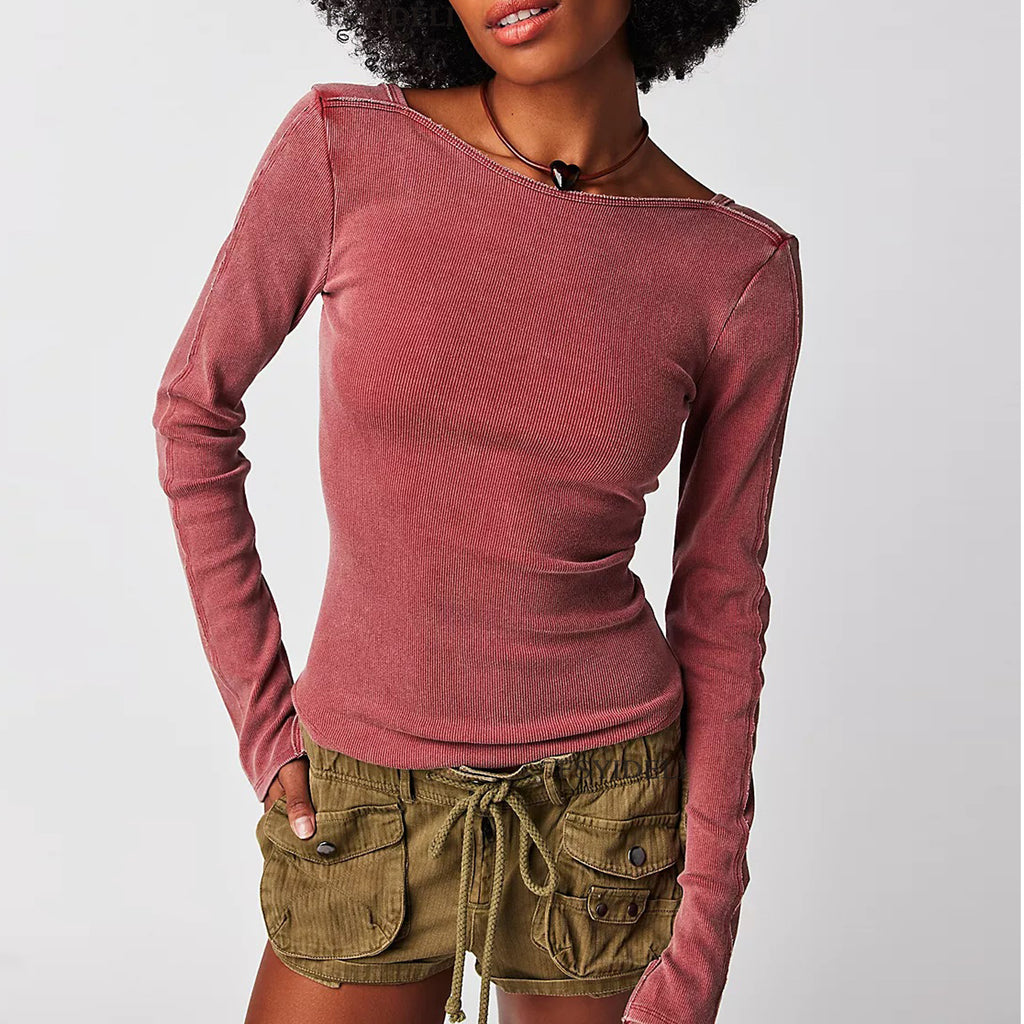 Scoop Back Long Sleeve Ribbed Top - Brickred