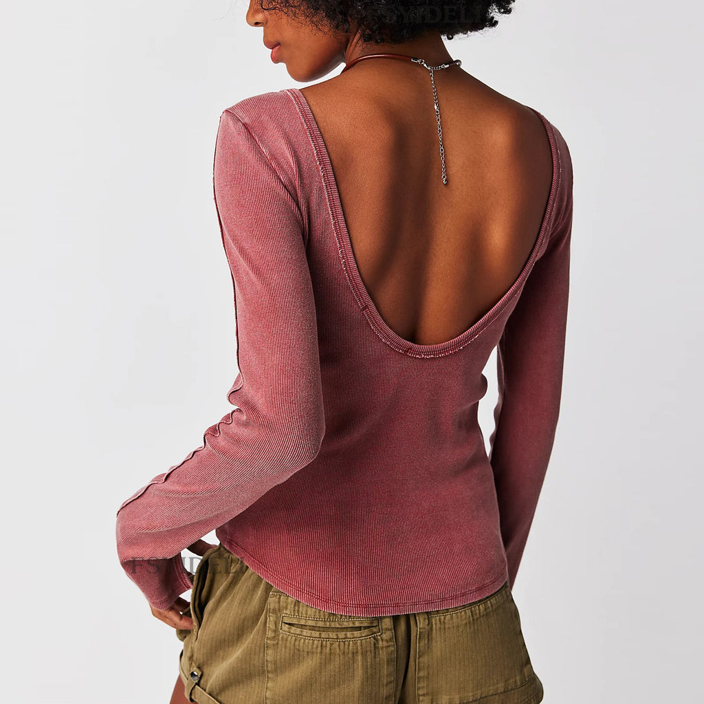 Scoop Back Long Sleeve Ribbed Top - Brickred - 1