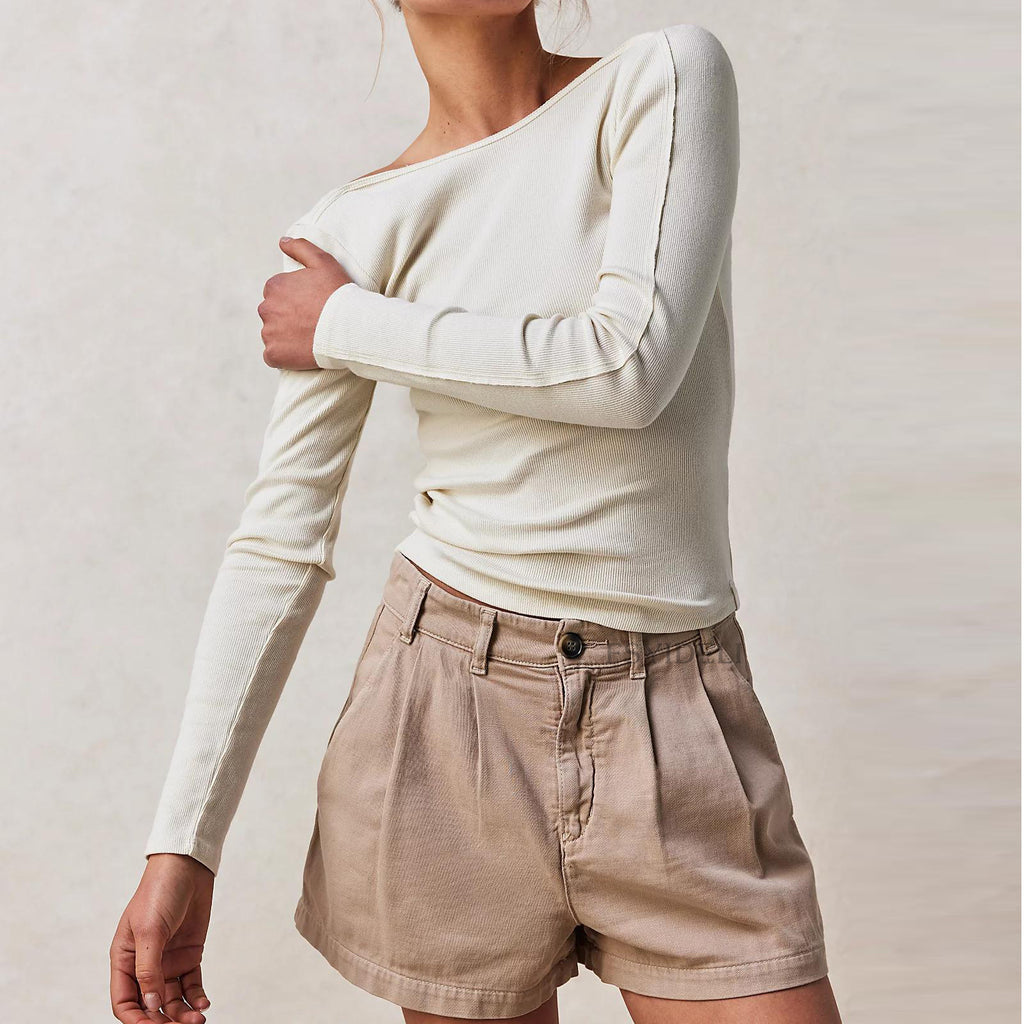 Scoop Back Long Sleeve Ribbed Top - White