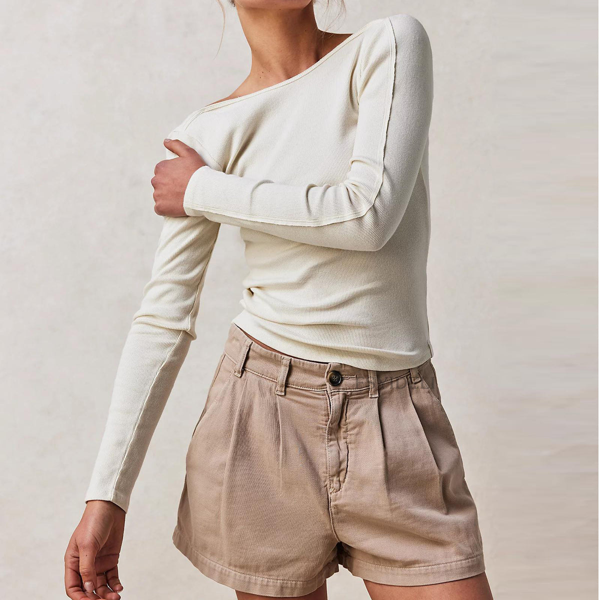 Scoop Back Long Sleeve Ribbed Top - White