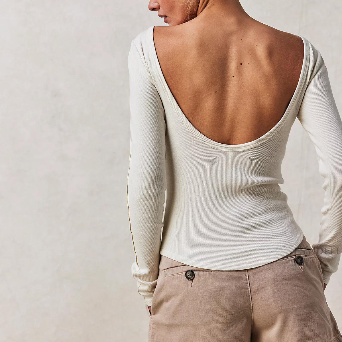 Scoop Back Long Sleeve Ribbed Top - White - 1
