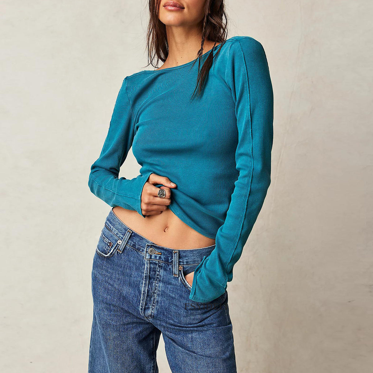 Scoop Back Long Sleeve Ribbed Top - view 1
