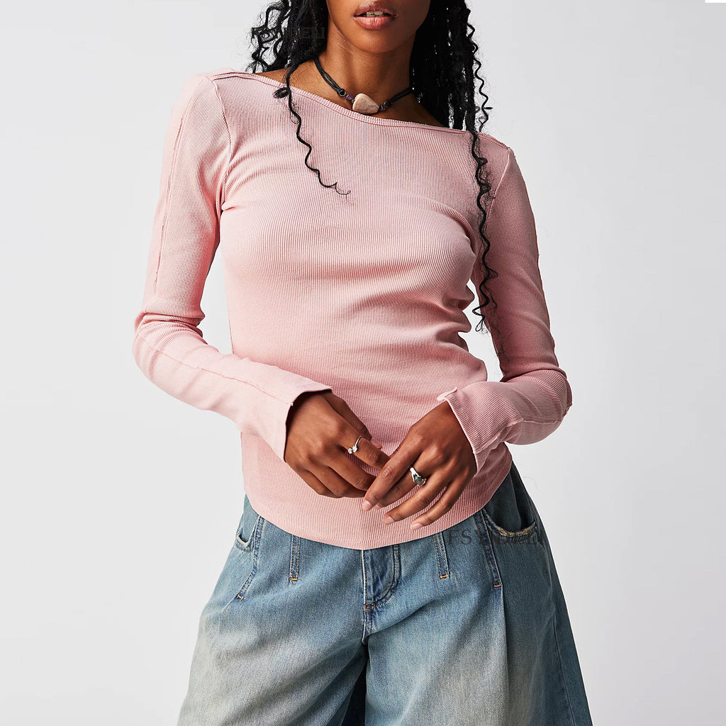 Scoop Back Long Sleeve Ribbed Top - pink