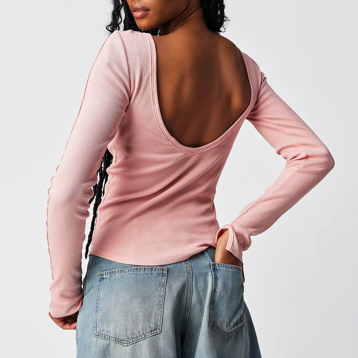 Scoop Back Long Sleeve Ribbed Top - pink - 1