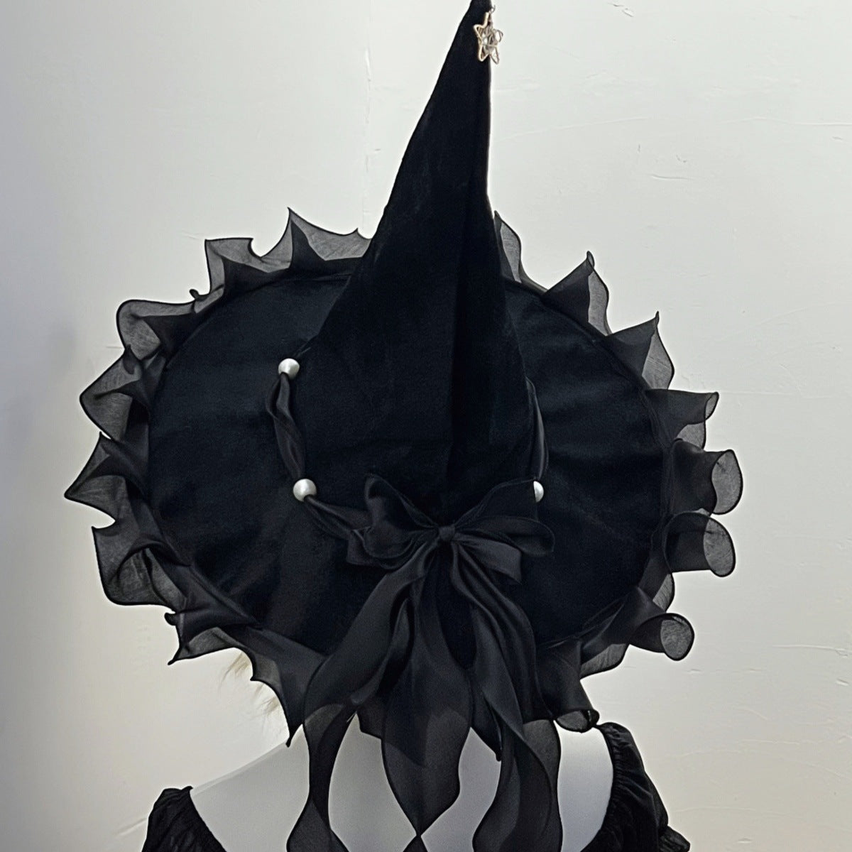 Witch Hat With Organza Bow And Star Charm - Black