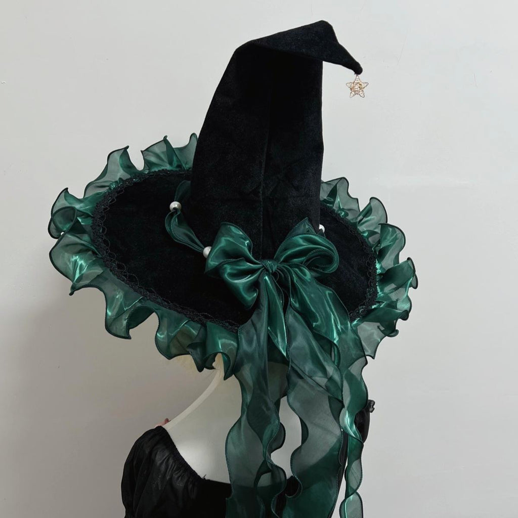 Witch Hat With Organza Bow And Star Charm - Green
